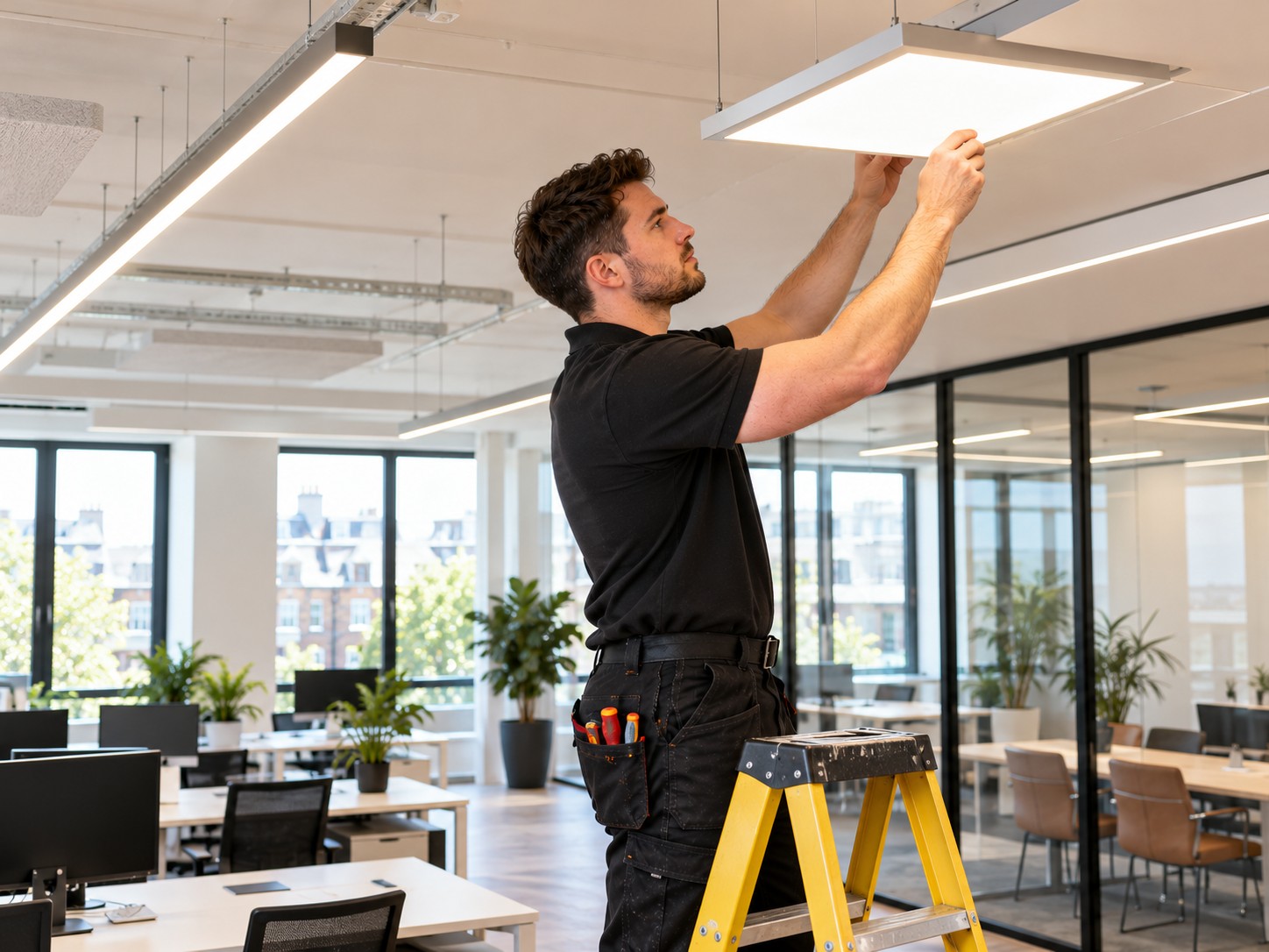 Electrician fitting LED panel lights in an office