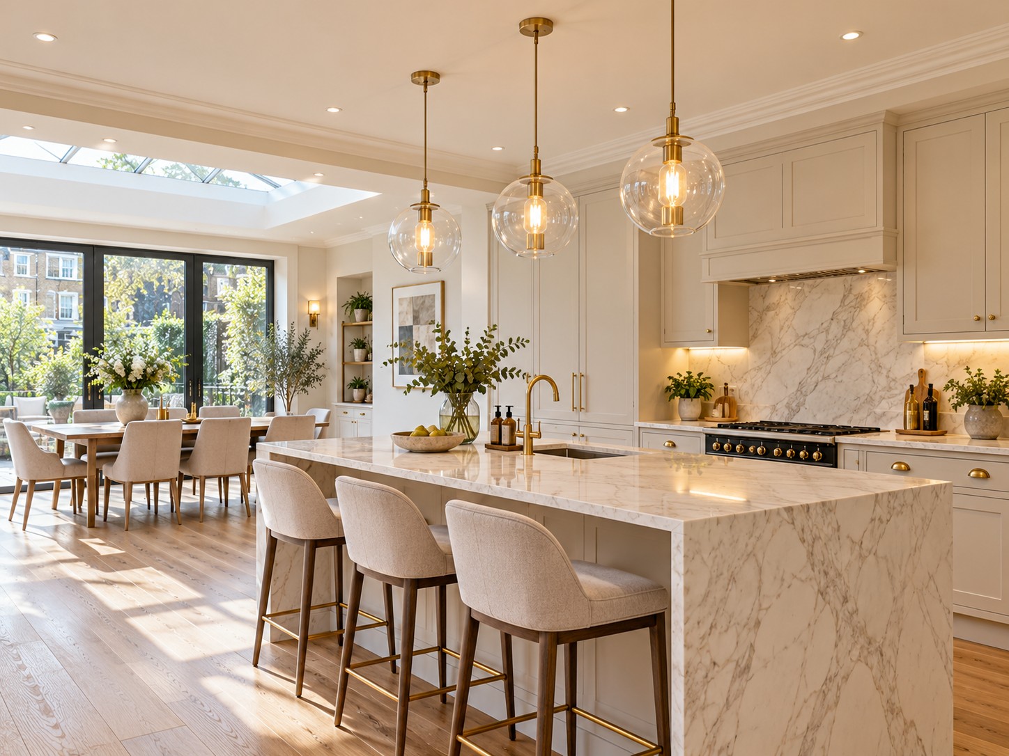 Kitchen with LED downlights and brass pendant lights